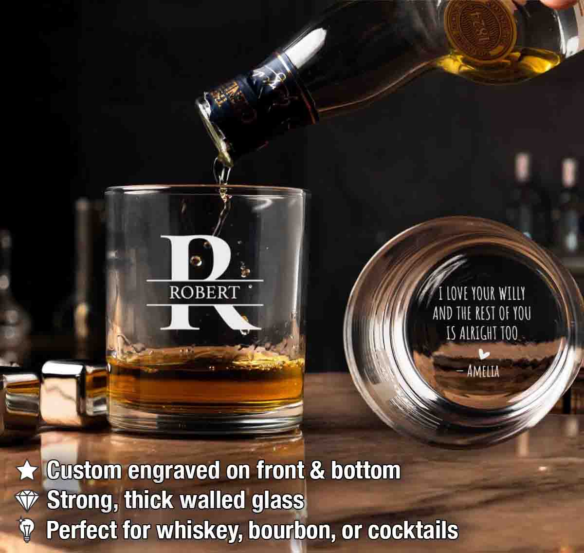 Personalized Whiskey Glasses with initial name and bottom personal message