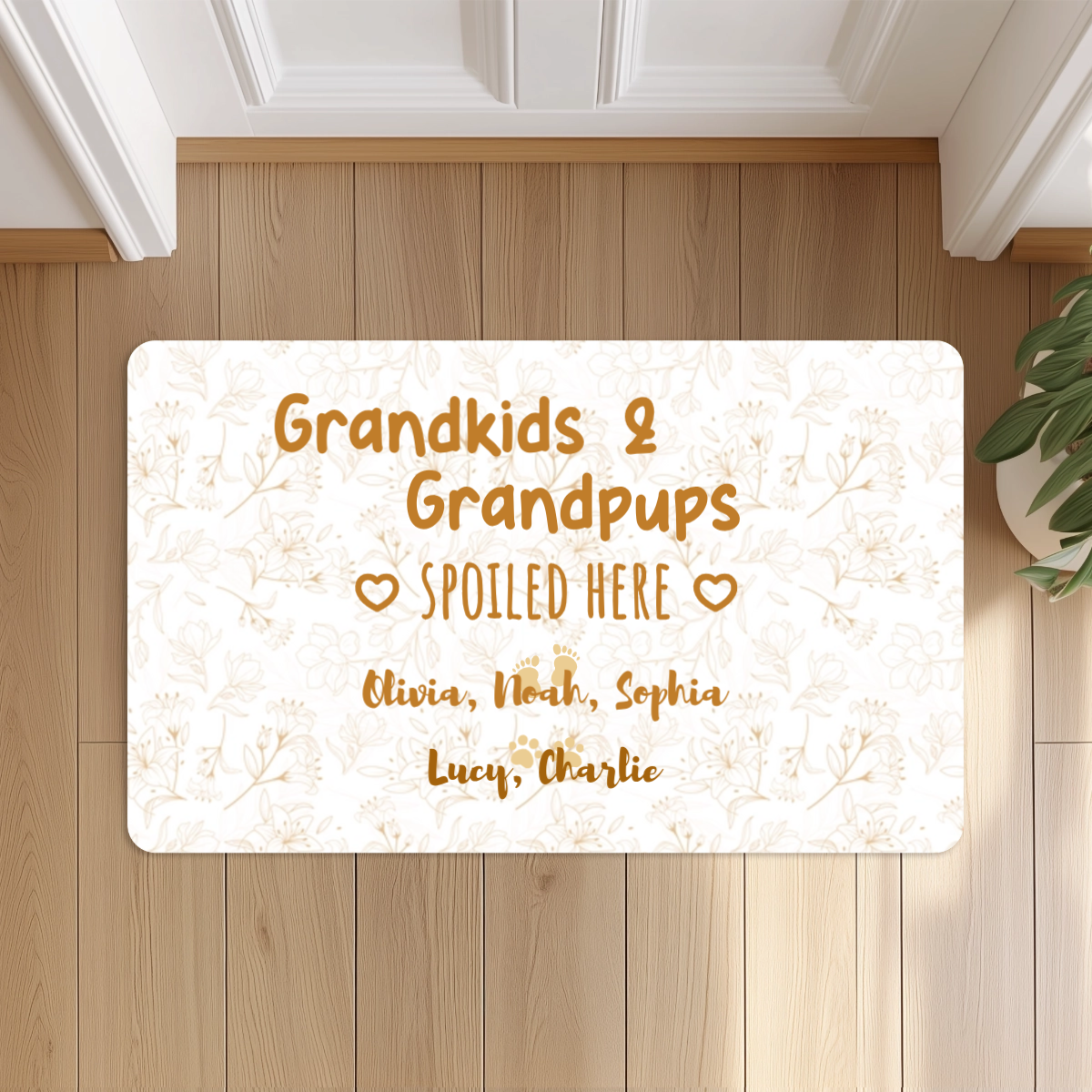 Personalized Grandma Grandpa Doormat Floral, Grandkids & Grandpups Spoiled Here, Grandparents Gift