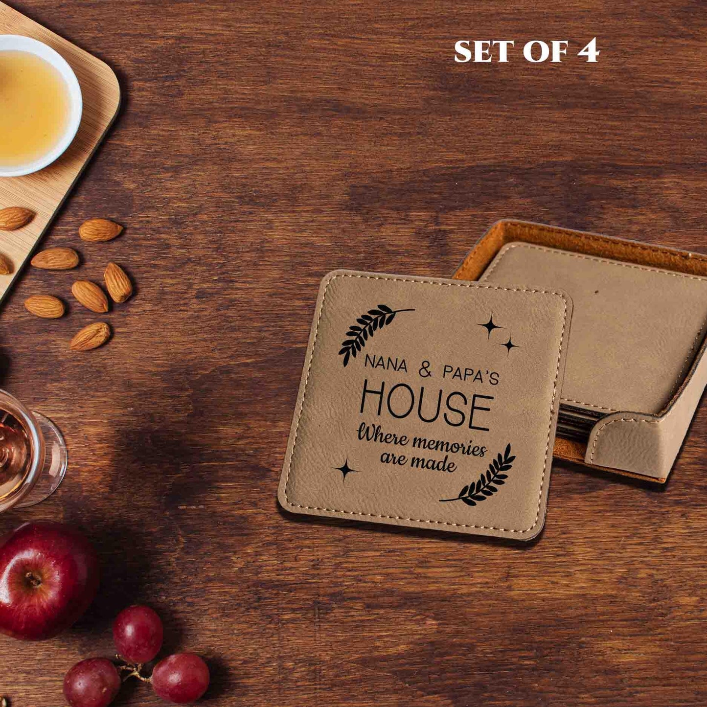 Grandma Grandpa House Coaster Set,  Set of 4 Vegan Leather Coasters, Custom Nana, Grammy, Mimi Kitchen Gift