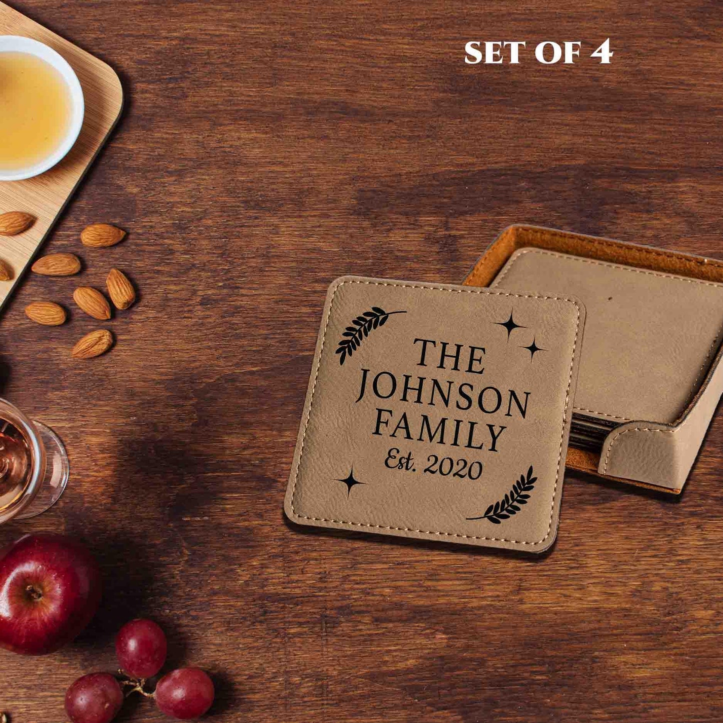 Personalized Family Name Coaster Set, Custom Home Decor Housewarming Gift Set of 4 Coasters