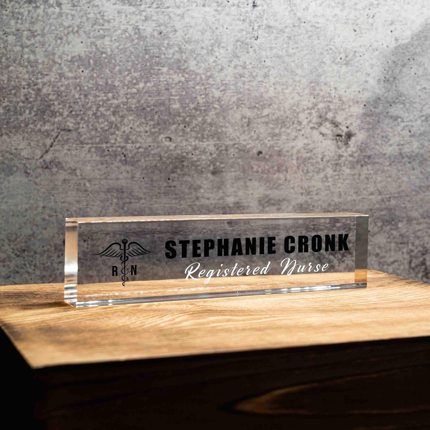 Personalized Nameplate for Registered Nurse or any title, Custom Medical Name Wedge, Desk Sign, Office Job Title Desk Bar Clear Name Plate