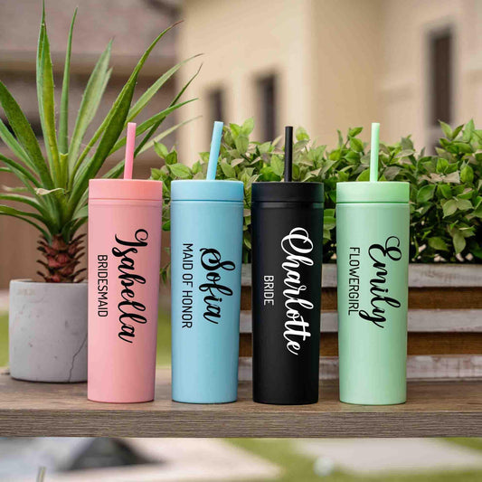 Personalized Wedding name title tumbler with Lid and Straw,  Acrylic Tumbler, Custom Skinny Cup for Bride, Bridesmaids, Maid of Honor