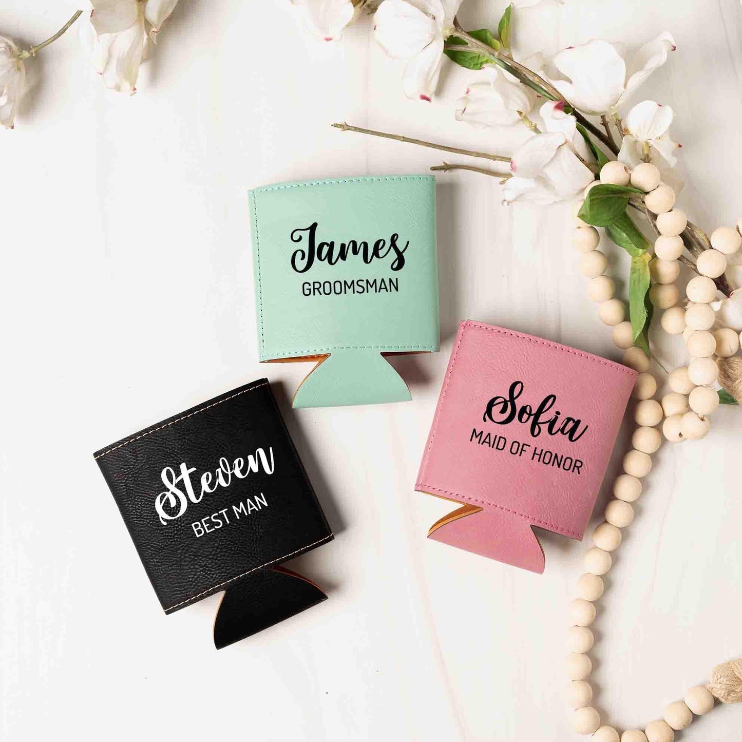 Personalized leather drink sleeves with name wedding title, Custom groomsman proposal gift, beverage holders, beer can cooler, bottle Coolie