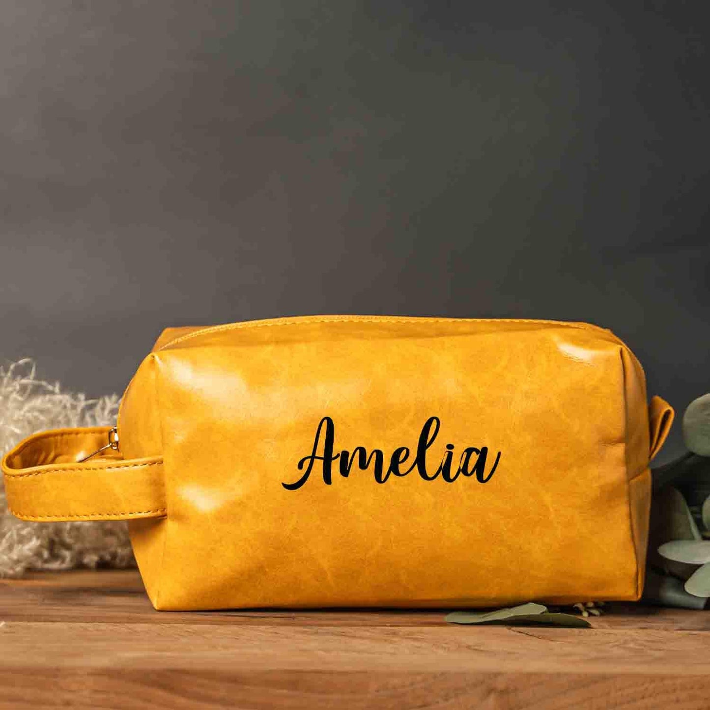 Personalized leather toiletry bag with name and title, Cosmetic Bag Leather Purse Travel Makeup Bag Portable