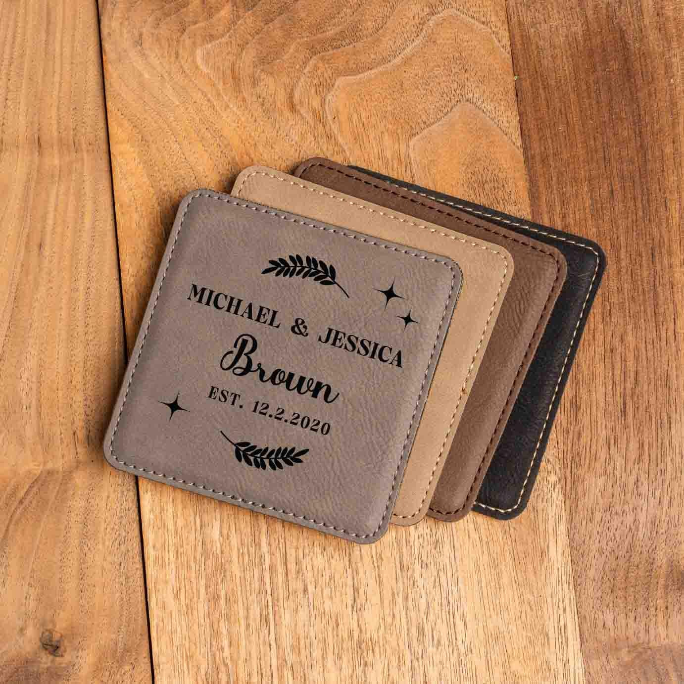 Personalized Coasters (set of 4) for new couple with names and wedding date, Custom Family house decor, Newly Wed, Wedding Shower Gift