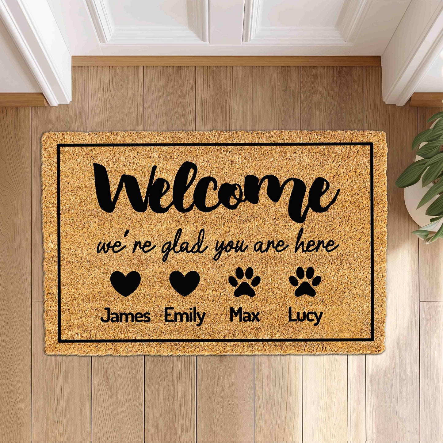 Personalized Welcome Doormat with Family Member and Dog / Cat Pet Names, Custom name doormat,  Housewarming Gift, House Decor Outdoor Mat