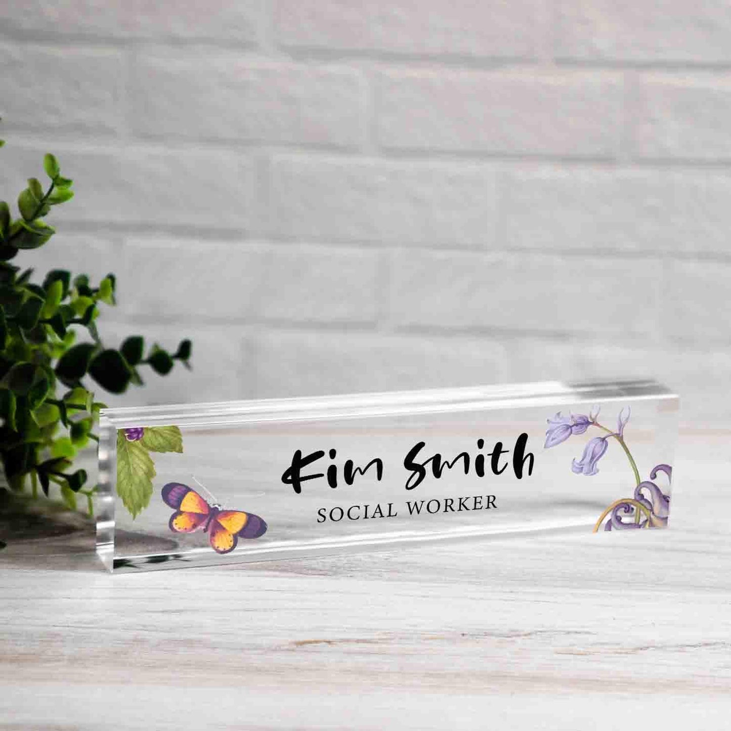 Personalized Nameplate for Social Worker or any title, Custom Name Wedge, Floral Desk Sign Decor, Office Job Title Desk Bar Clear Name Plate