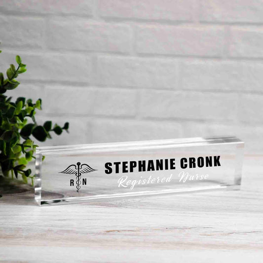 Personalized Nameplate for Registered Nurse or any title, Custom Medical Name Wedge, Desk Sign, Office Job Title Desk Bar Clear Name Plate