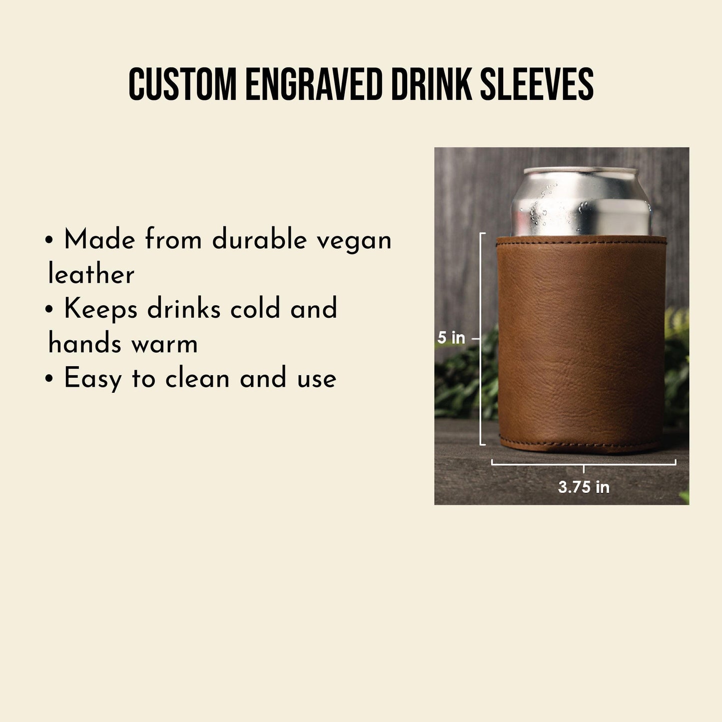 Personalized leather drink sleeves with name, beverage holders, beer can cooler, bottle Coolie