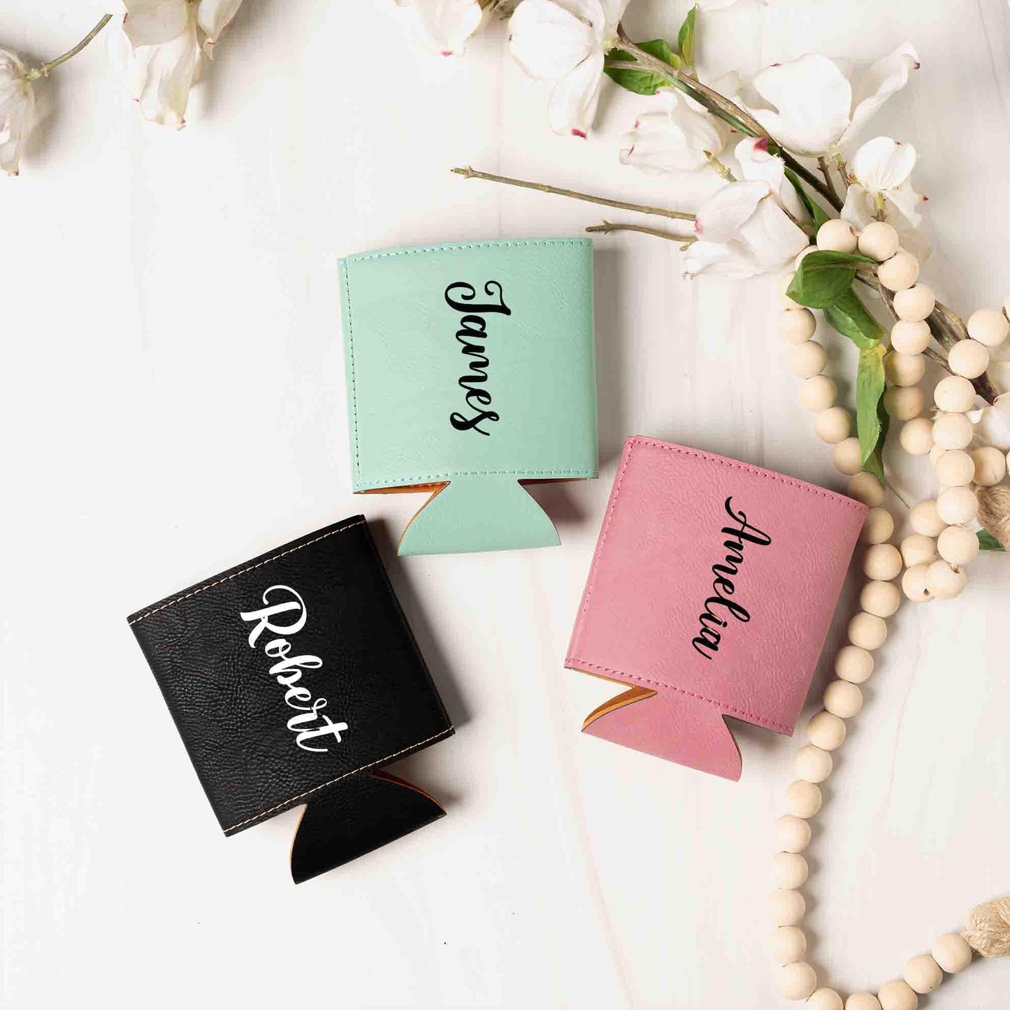 Personalized leather drink sleeves with name, beverage holders, beer can cooler, bottle Coolie