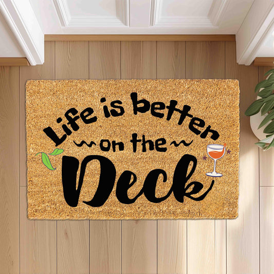 Life is Better on the deck or any custom place doormat, Housewarming Gift, Home Decor Outdoor Mat