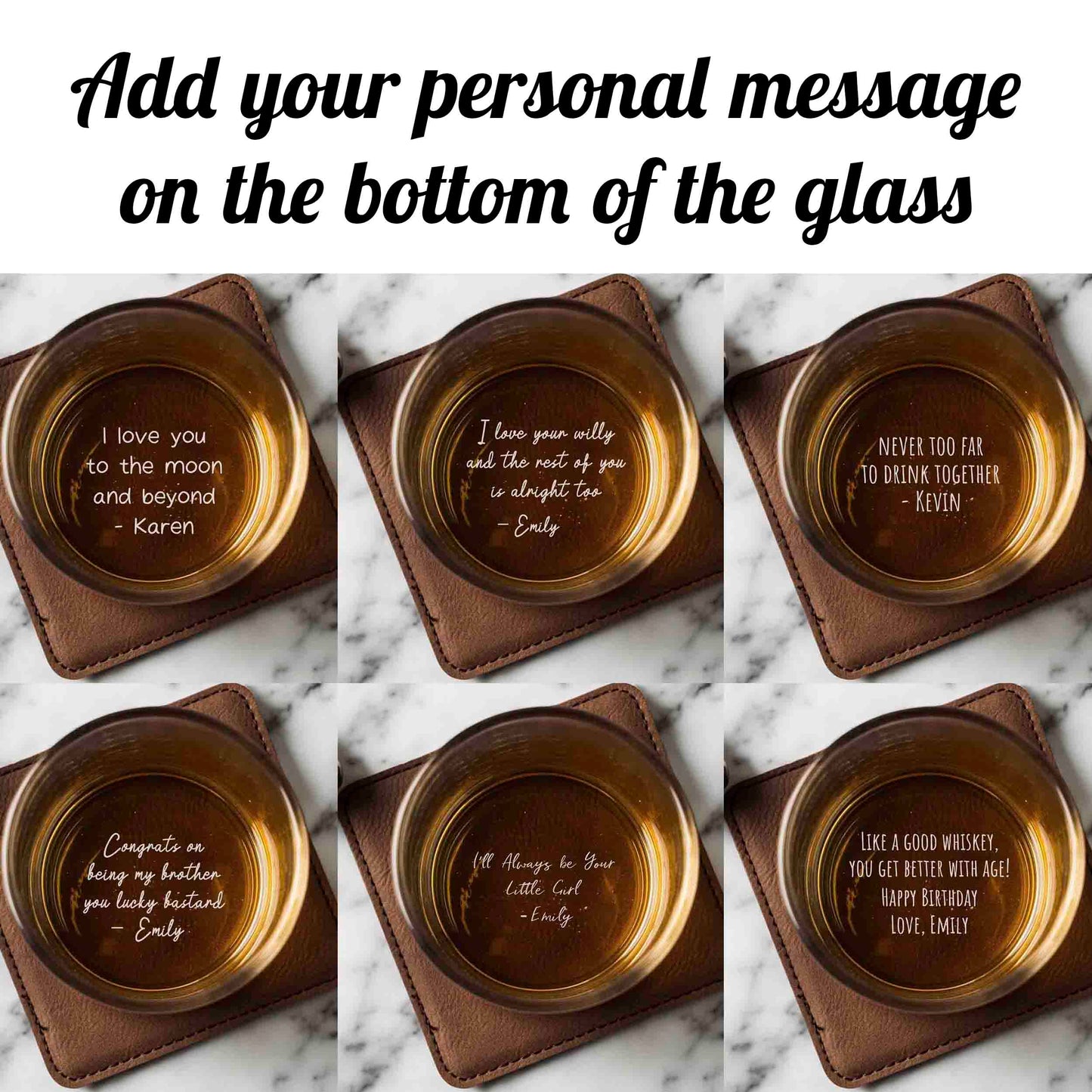 Personalized Whiskey Glasses with initial name and bottom personal message
