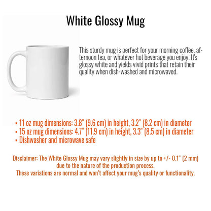 a white coffee mug with information about it