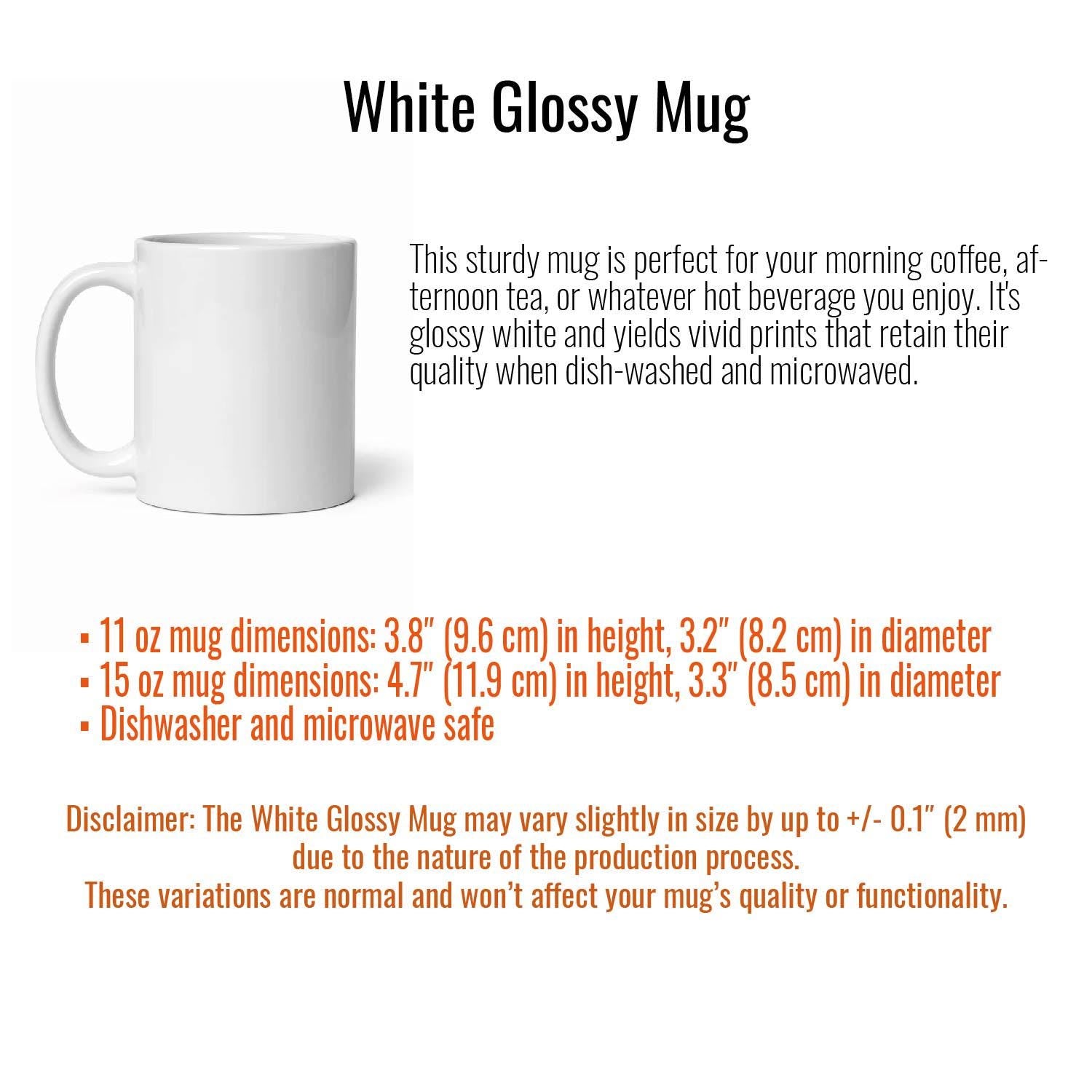 a white coffee mug with information about it