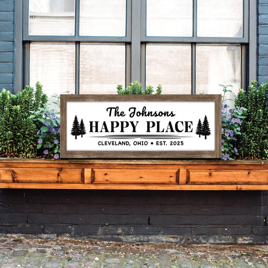 Personalized House Sign, Custom Family Last Name Happy Place Welcome Wood Decor, Rustic Cottage Cabin Gift