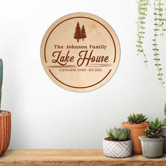Personalized Family Lake House Sign, Custom Cabin Circle Wooden Sign, Cottage Home Decor, House Wall Art Gift