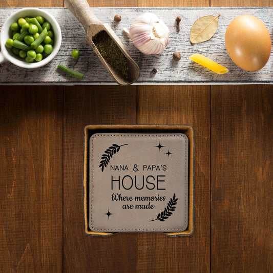 Grandma Grandpa House Coaster Set,  Set of 4 Vegan Leather Coasters, Custom Nana, Grammy, Mimi Kitchen Gift
