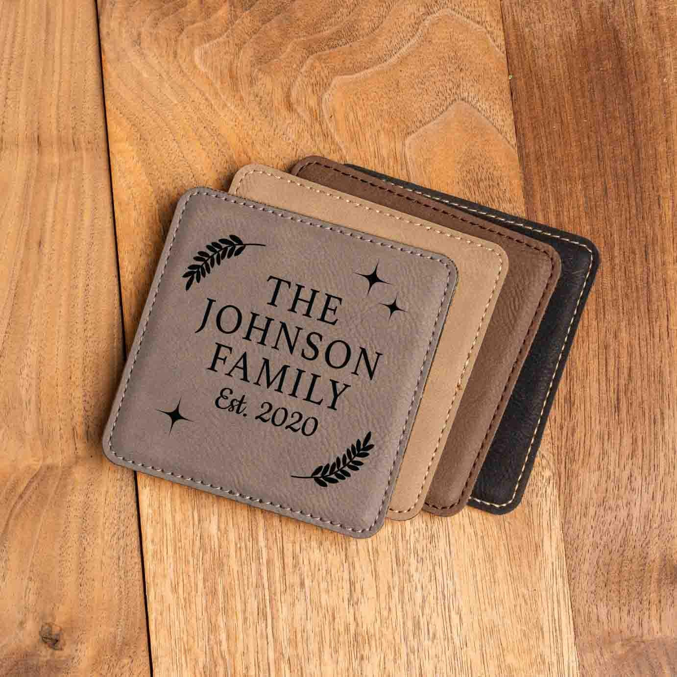 Personalized Family Name Coaster Set, Custom Home Decor Housewarming Gift Set of 4 Coasters