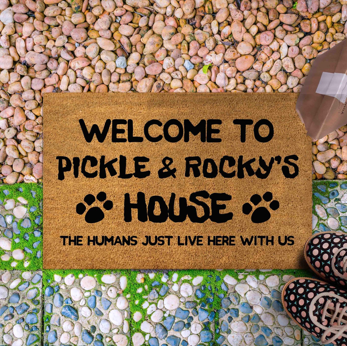 Personalized Funny Doormat with Dog / Cat Pet Names, Custom Family Home Welcome Doormat,  Housewarming Gift, House Decor Outdoor Mat