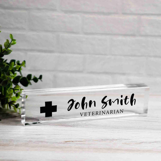 Personalized Nameplate for Veterinary or any title, Custom Name Wedge, Desk Sign, Office Job Title Desk Bar Clear Name Plate