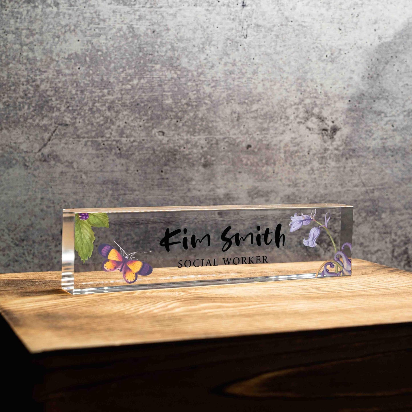 Personalized Nameplate for Social Worker or any title, Custom Name Wedge, Floral Desk Sign Decor, Office Job Title Desk Bar Clear Name Plate