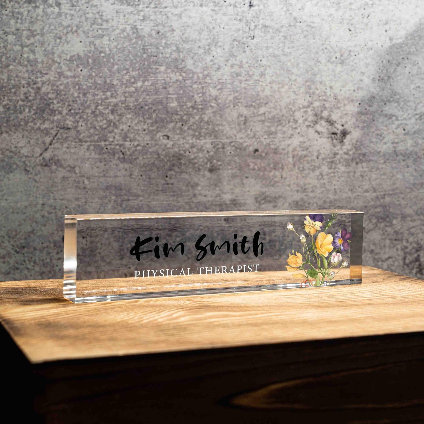Personalized Nameplate for physical therapist or any title, Custom Name Wedge, Floral Desk Sign, Office Job Title Desk Bar Clear Name Plate