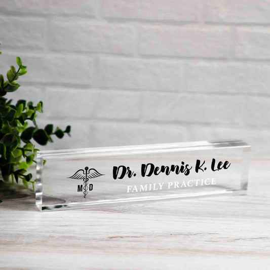 Personalized Nameplate for Medical Doctor MD or any title, Custom Medical Name Wedge, Desk Sign, Office Job Title Desk Bar Clear Name Plate