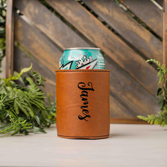 Personalized leather drink sleeves with name, beverage holders, beer can cooler, bottle Coolie