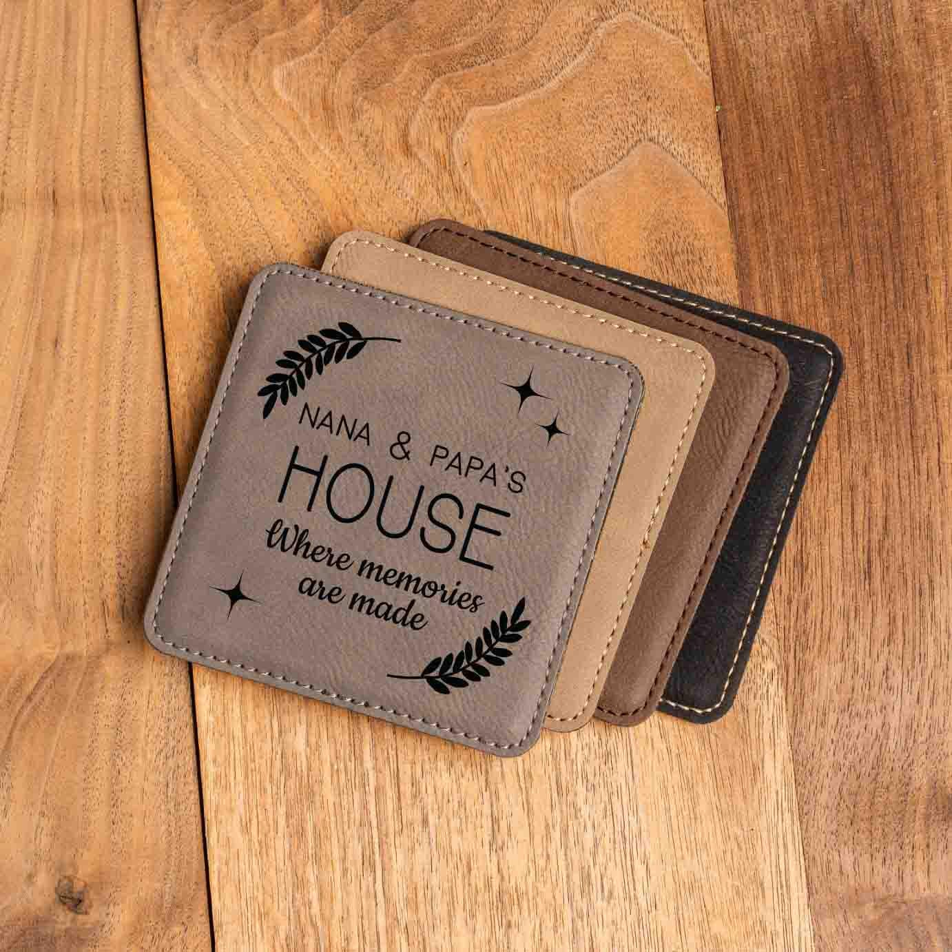 Grandma Grandpa House Coaster Set,  Set of 4 Vegan Leather Coasters, Custom Nana, Grammy, Mimi Kitchen Gift