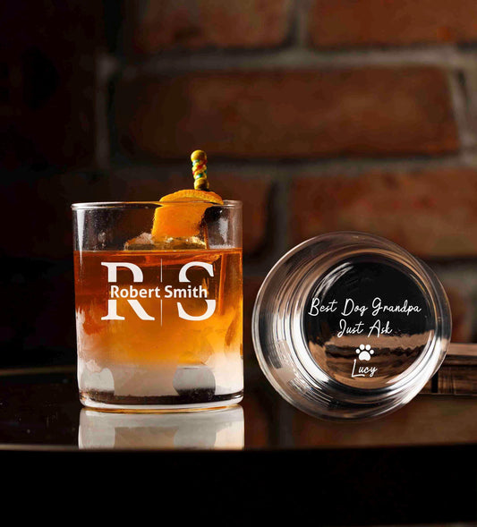 Personalized Dog Grandpa Whiskey Glasses, Custom Engraved Rocks Glass, Funny Monogram Gift for Men, wine, cocktail, tequila barware