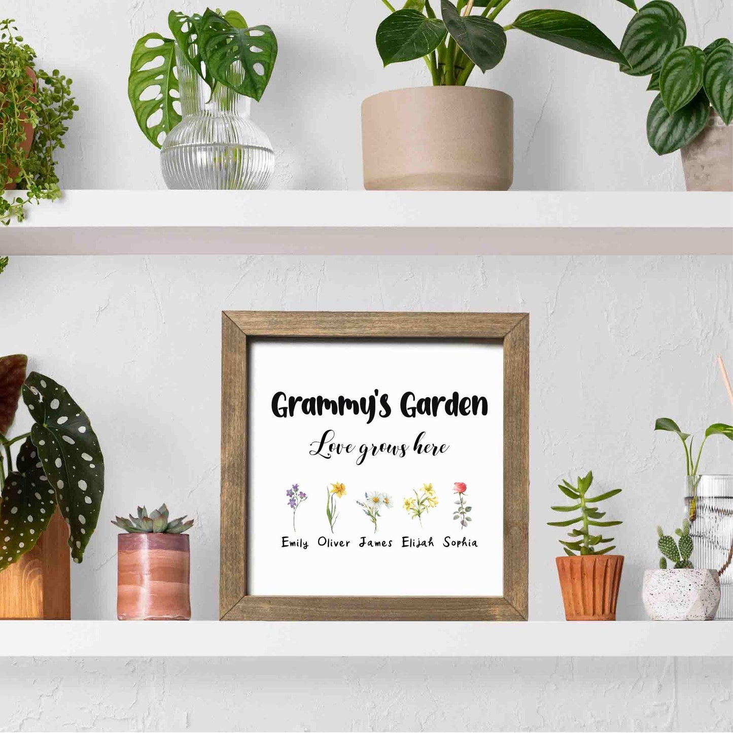 Personalized Grandma's Garden Sign, Custom Grammy's Garden Sign, Home Decor with Birth Flower Grandkids' Names, Square Wooden Decor