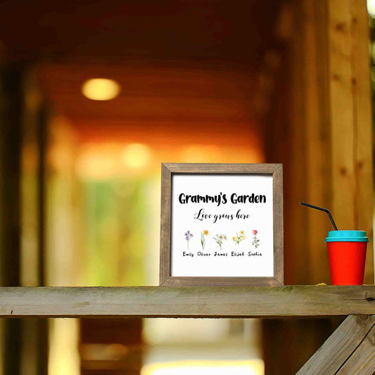 Personalized Grandma's Garden Sign, Custom Grammy's Garden Sign, Home Decor with Birth Flower Grandkids' Names, Square Wooden Decor