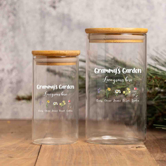Personalized Grandma's Garden Glass Jar, Personalized Home Decor Storage Jar with Birth Flower Grandkids' Names