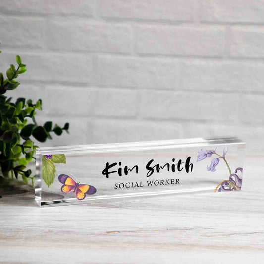 Personalized Nameplate for Social Worker or any title, Custom Name Wedge, Floral Desk Sign Decor, Office Job Title Desk Bar Clear Name Plate