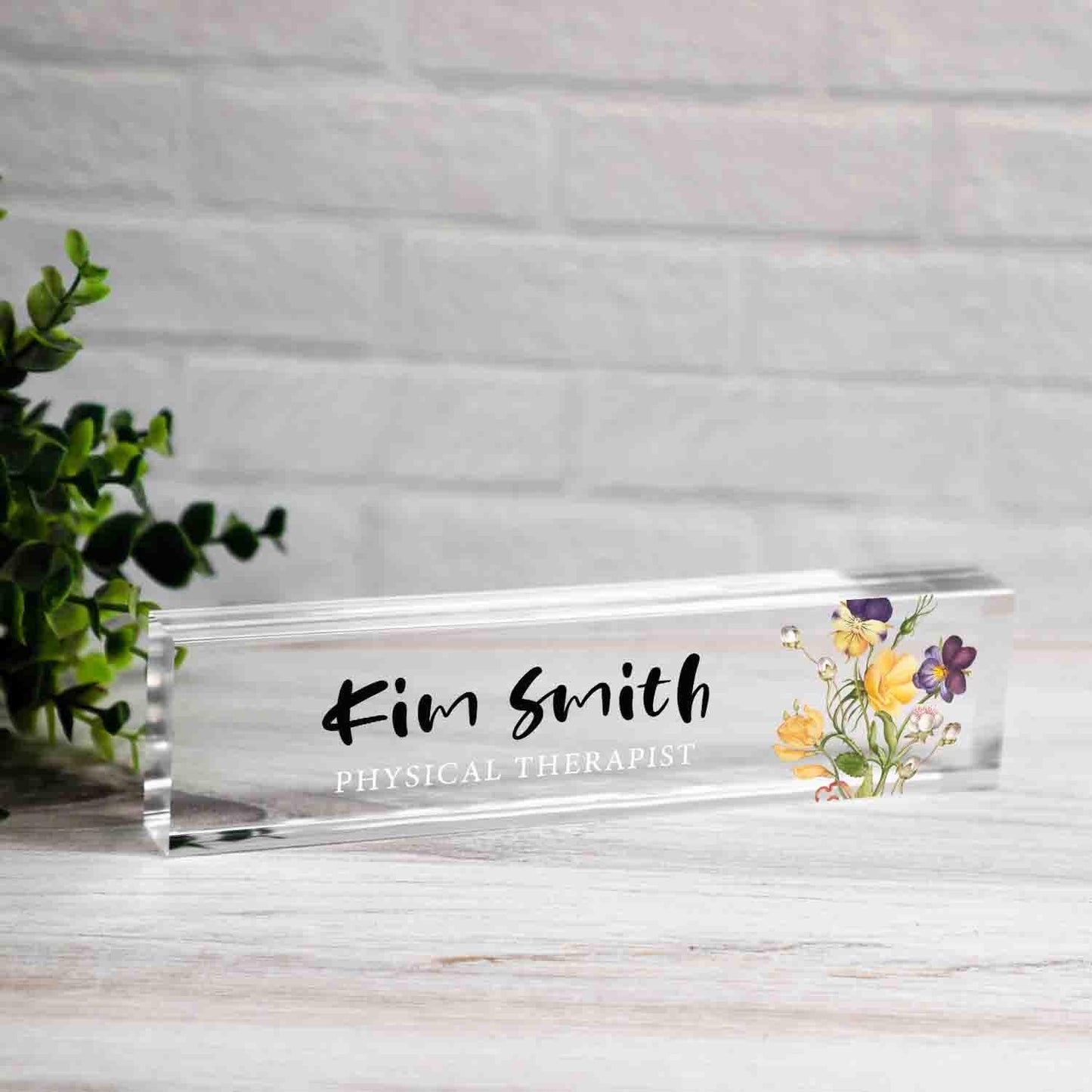 Personalized Nameplate for physical therapist or any title, Custom Name Wedge, Floral Desk Sign, Office Job Title Desk Bar Clear Name Plate