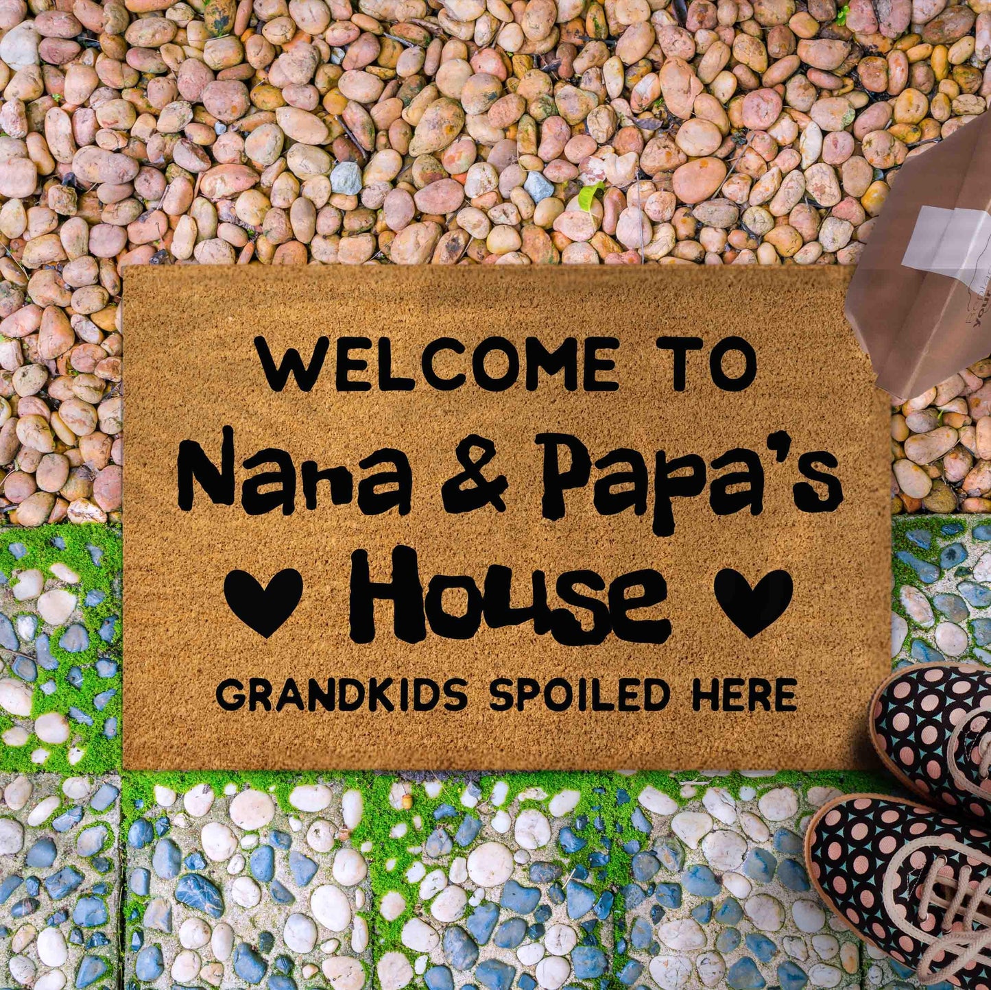 Personalized Doormat for Grandma Grandpa House, Welcome to any name's House Grandkids spoiled here, Grandparents Gift Outdoor Mat