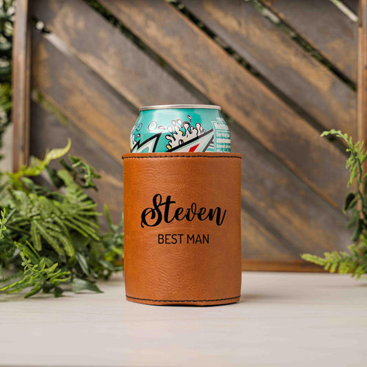 Personalized leather drink sleeves with name wedding title, Custom groomsman proposal gift, beverage holders, beer can cooler, bottle Coolie