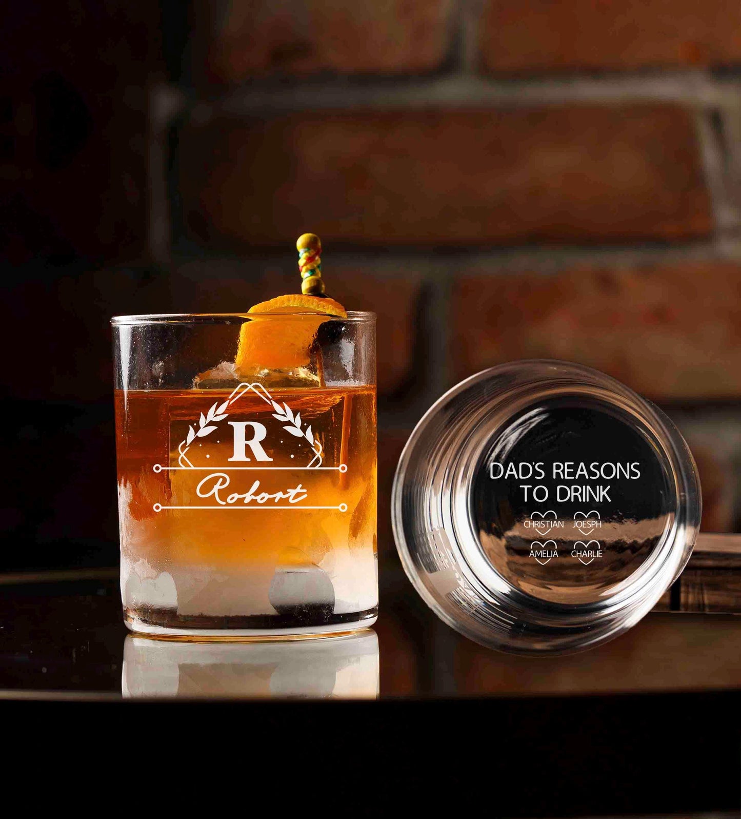 Personalized Whiskey Glasses for Dad, Custom Engraved Rocks Glass with message on bottom, Monogram Dad Gift, Father's Day, Grandpa Gift