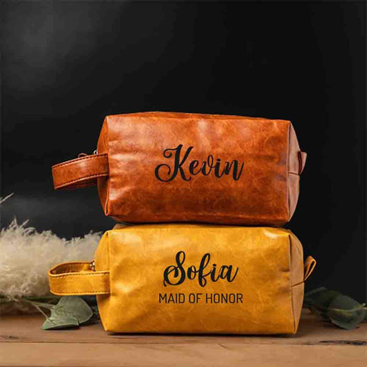 Personalized leather toiletry bag with name and title, Cosmetic Bag Leather Purse Travel Makeup Bag Portable