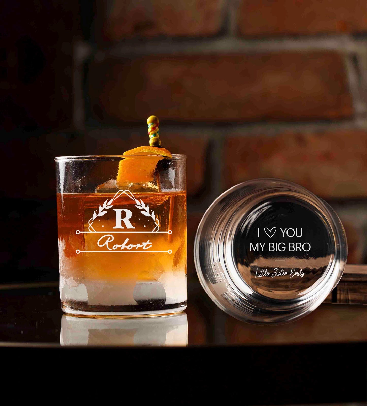 Personalized Whiskey Glasses for Big Brother, Custom Engraved Rocks Glass, Funny Monogram Gift for Men, wine, cocktail, tequila barware